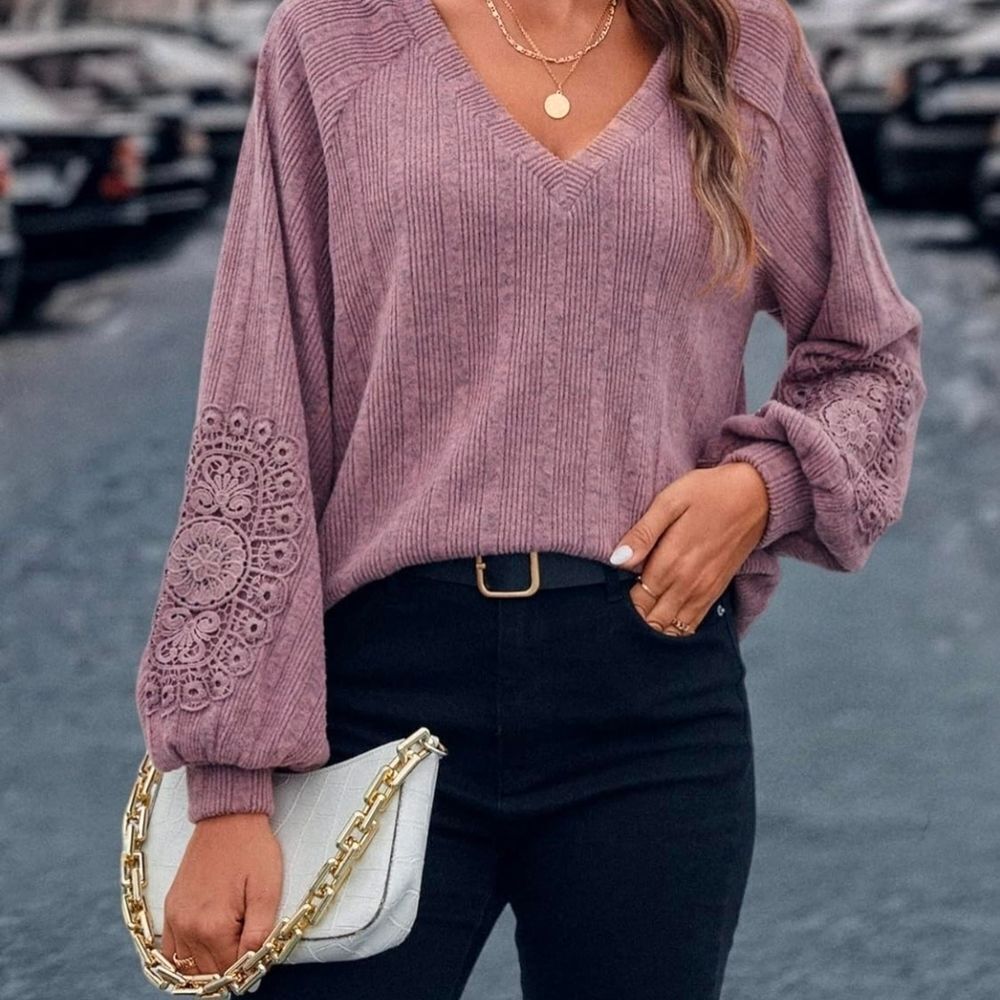 SHEIN Mauve V-Neck Blouse with Crochet Sleeves